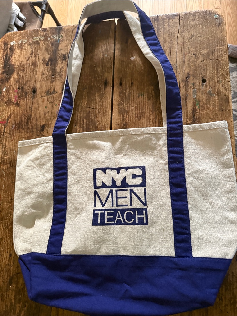 NYC Men Teach Canvas Tote Bag in White and Blue